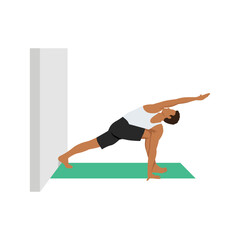 Man doing Revolved side angle pose parivrtta parsvakonasana to the wall exercise. Flat vector illustration isolated on white background