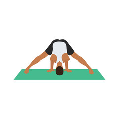 Man doing prasarita padottanasana position. Wide legged forward bend pose. Flat vector illustration isolated on white background