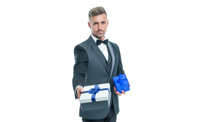 smiling man in tux with business reward box isolated on white