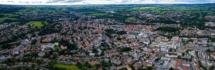 Aerial view of the city Kempten in Bavaria, Germany on a late afternoon in summer.