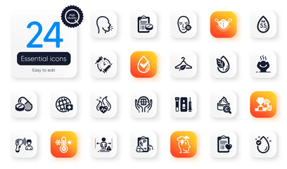 Set of Healthcare flat icons. Electronic thermometer, Social distance and Organic product elements for web application. Stress, Dermatologically tested, Problem skin icons. Dumbbell. Vector