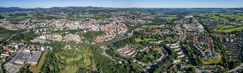 Fototapeta na wymiar Aerial view of the city Kempten in Bavaria, Germany on a sunny morning in summer.