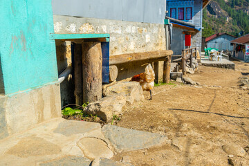 view of Phakding village in the Himalayan mountains of Nepal