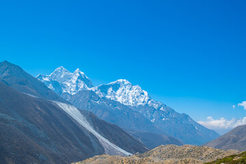 Fototapeta na wymiar Dingboche village and mount Lhotse - trek to Everest base camp - Nepal Himalayas mountains