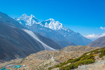 Fototapeta na wymiar Dingboche village and mount Lhotse - trek to Everest base camp - Nepal Himalayas mountains