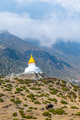 Stupa near Dingboche village with prayer flags and mounts Kangtega and Thamserku - way to mount Everest base camp - Khumbu valley - Nepal