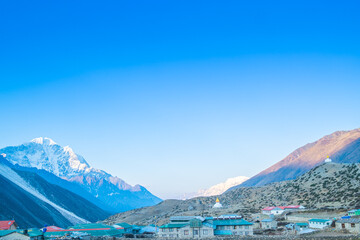 Dingboche village and mount Lhotse - trek to Everest base camp - Nepal Himalayas mountains - obrazy, fototapety, plakaty