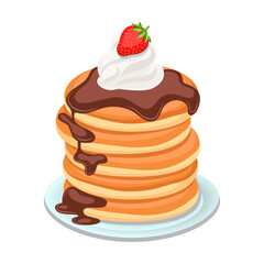 Tasty pancakes in chocolate with strawberries. Pancakes on white plate. Baking with syrup, berries, butter or honey. Breakfast