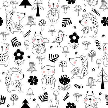 Seamless forest pattern with animals