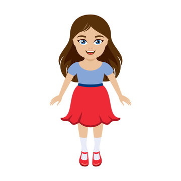 Cute happy little girl in a red skirt icon vector. Adorable stylish little kid girl in red shoes icon isolated on a white background