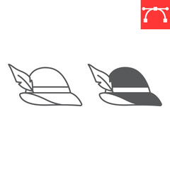 Tyrolean hat line and glyph icon, beverage and oktoberfest hat, germany hat vector icon, vector graphics, editable stroke outline sign, eps 10.
