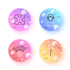 5g wifi, Consultant and Stand lamp minimal line icons. 3d spheres or balls buttons. Puzzle icons. For web, application, printing. Wireless internet, Call center, Floor lamp. Puzzle piece. Vector