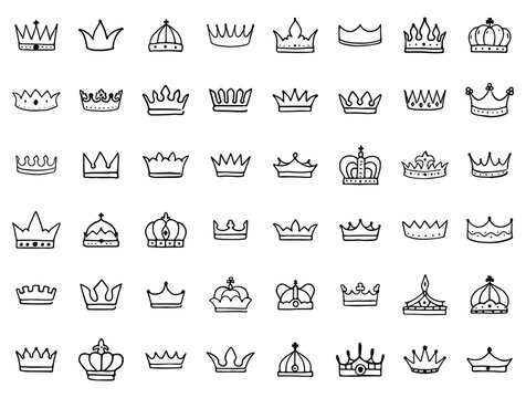 Crown hand drawn outline icon set isolated on white background. Royal or queen sign, premium symbols, doodles clip art.
