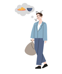 Hungry man thinking food. Vector style design illustration isolated on white background