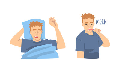Young man daily routine set. Guy sleeping at night and brushing his teeth at morning cartoon vector illustration