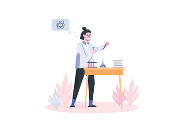 Science laboratory concept with people scene in flat cartoon design. Girl performs chemical experiments in a scientific laboratory. Vector illustration.