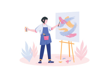 Concept Design studio with people scene in flat cartoon design. Woman works with paints to create a new painting in a design studio. Vector illustration.