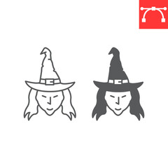 Witch face line and glyph icon, halloween and scary, witch vector icon, vector graphics, editable stroke outline sign, eps 10.