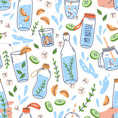 Seamless pattern with water in bottles, glasses. Repeating texture with detox fruit drinks print. Endless background with healthy summer lemonades, ice, cucumber. Colored flat vector illustration