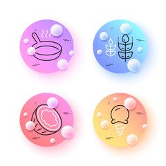 Coconut, Frying pan and Gluten free minimal line icons. 3d spheres or balls buttons. Ice cream icons. For web, application, printing. Vegetarian nut, Cooking utensil, Bio ingredients. Vector