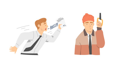 Young man daily routine set. Businessman working in office, man standing inside public transport cartoon vector illustration