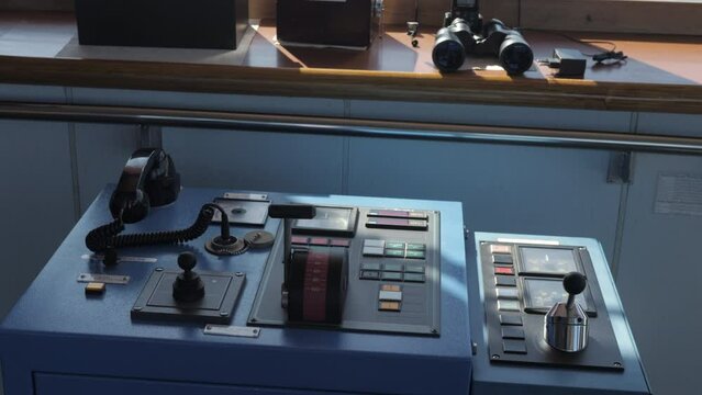 Control panel on navigation bridge of ship