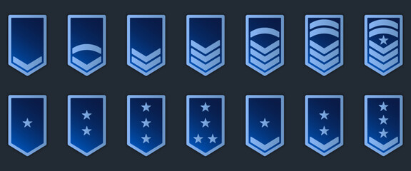 Military Badge Insignia Blue Symbol. Soldier Sergeant, Major, Officer, General, Lieutenant, Colonel Emblem. Army Rank Icon. Chevron Star and Stripes Logo. Isolated Vector Illustration