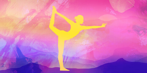 Obraz na płótnie Canvas yoga advance practice poster with painted sun rise landscape 