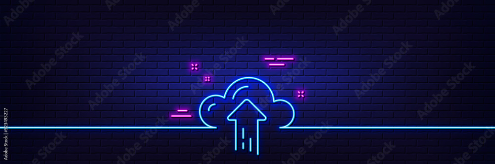 Poster neon light glow effect. cloud computing upload line icon. internet data storage sign. file hosting t