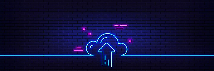 Neon light glow effect. Cloud computing upload line icon. Internet data storage sign. File hosting technology symbol. 3d line neon glow icon. Brick wall banner. Cloud upload outline. Vector