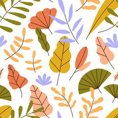 Autumn leaf pattern. Seamless fall background with abstract foliage, leaves. Endless floral botanical texture design, repeating print. Stylized flat vector illustration for textile, wallpaper