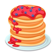 Tasty pancakes with berry jam. Pancakes on white plate. Baking with syrup, berries, butter or honey. Breakfast