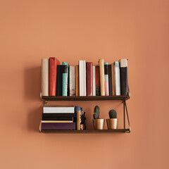 Books stack on hanging shelf. Coral peach wall background. Aesthetic minimal interior design....