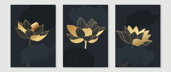 Set of golden lotus wall art vector. Elegant line art, lotus flowers, leaves, foliage on dark background. Collection of luxury wall decoration perfect for decorative, interior, prints, banner.
