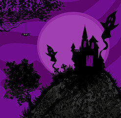 Halloween night landscape with scary haunted castle - 523493874