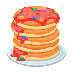 Pancakes on white plate. Baking with syrup, berries, butter or honey. Breakfast