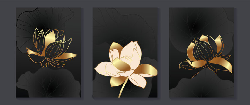 Set of golden lotus wall art vector. Elegant line art, lotus flowers, leaves, foliage on dark background. Collection of luxury wall decoration perfect for decorative, interior, prints, banner.