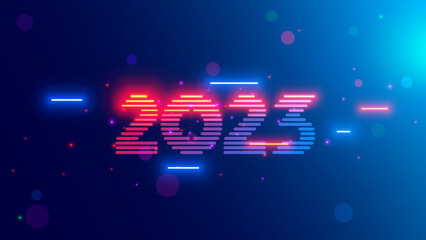 2023 new year, christmas tech background. Year 2023 consist from light neon lamps in dark, hanging in cyberspace. Digits or Number year on celebration banner in new technology style. 2023 logo vision