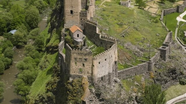 Flying Towards The Historical Georgian Monument Of Khertvisi Fortress In Aspindza Municipality, Southern Georgia. Aerial Drone Shot