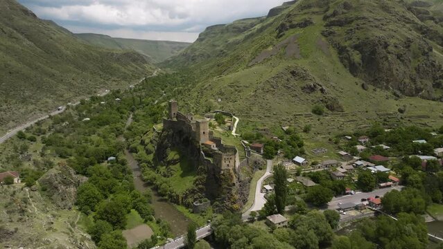 Ancient Fortification With Khertvisi Castle On The Rocky Mountains In Meskheti Region, Georgia. Aerial Drone Shot