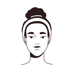 Pretty woman face portrait. Beauty girl with headband on head and hair bun. Young beautiful female with clean smooth skin, front view. Line art flat vector illustration isolated on white background