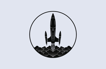 Rocket launch silhouette and cloud vector illustration. Spacecraft launching into space. Startup logo concept in the circle.