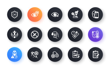 Minimal set of Farsightedness, Volunteer and Coronavirus pills flat icons for web development. Vaccine announcement, Covid test, Face biometrics icons. Coronavirus vaccine, Check eye. Vector
