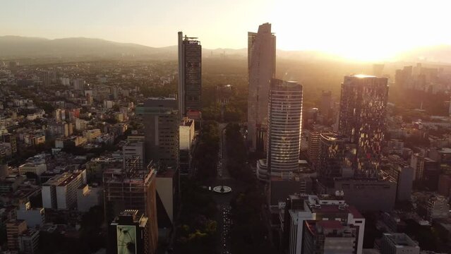 Aerial Shot Of Avenue Paseo de la Reforma At Clear Sunrise, Heart Of Mexico 