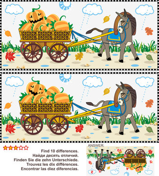 Halloween, autumn or harvest visual puzzle: Find 10 differences between the two pictures of donkey pulling the cart with pumpkins at a rainy fall day. Answer included.
