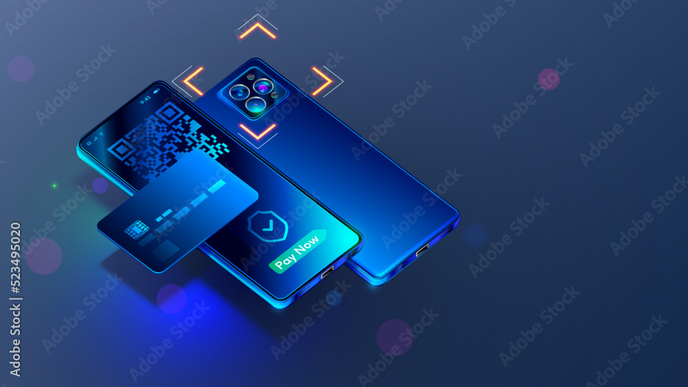 Aufkleber Phone scan QR code for pay. Mobile smartphone scanning data of product qr code for contactless banking payment. Mobile bank phone app for cashless paying purchases. Fintech banking technology concept