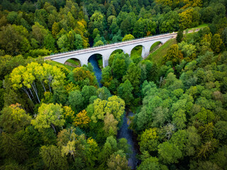 River flowing under bridge in forest