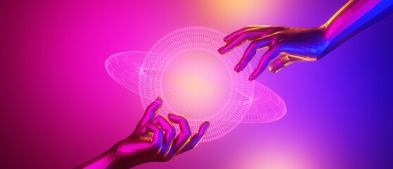 Fototapeta premium robot hand, abstract backgound video game of esports scifi gaming cyberpunk, vr virtual reality simulation and metaverse, scene stand pedestal stage, 3d illustration rendering, futuristic neon glow