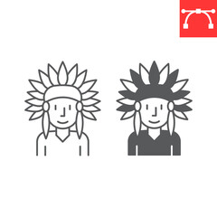 Native American line and glyph icon, indian man and headdress, Native American vector icon, vector graphics, editable stroke outline sign, eps 10.