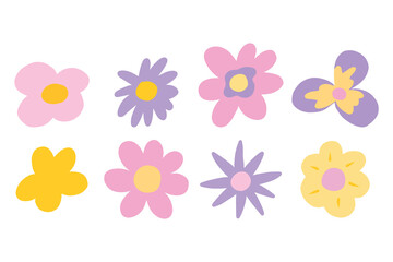 Set of flowers in retro style. Groovy flowers. Collection of flowers in the style of the 60s and 70s. Vector illustration.